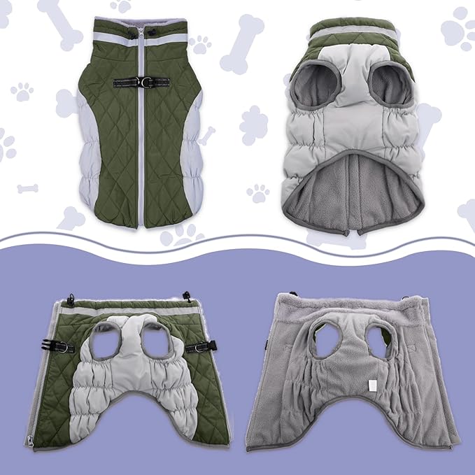 Lelepet Dog Coat Warm Dog Winter Coat Waterproof Dogs Jacket with Harness Built in Reflective Pet Fleece Vest Zip-Up Cold Weather Coats for Large Dogs Turtleneck & Windproof Coats Boxer Army Green XL