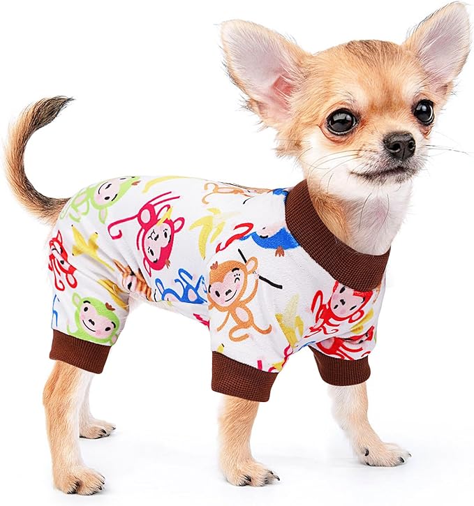 Dog Pajamas for Small Dogs Male Female, Lightweight Velvet Pet Jumpsuit, Stretch Fleece Dog Outfit, Spring Winter Puppy Clothes, Pjs, Onesie Puppy Apparel, Small, Brown Monkey
