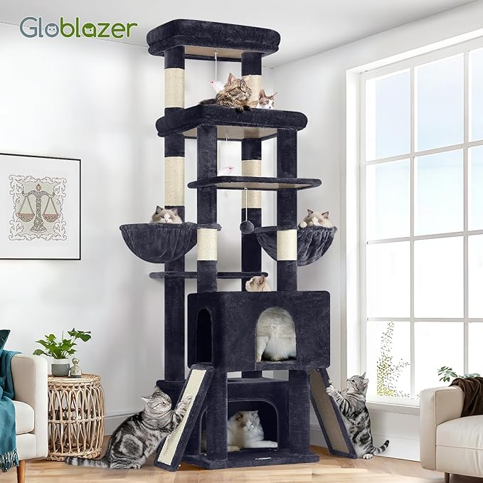 Globlazer Heavy Duty Cat Tree 78 inch Sturdy Cat Tower for 20lbs Large Adult Cats, Symmetrical Aesthetic Big Cat Tree with Extra Large Platform, 2 Scratching Boards, Z78, Dark Grey