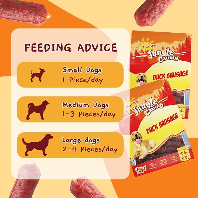 Jungle Calling Grain-Free Duck Sausage Dog Treats, Single Ingredient Duck Jerky, Soft & Chewy Training Treats for Small & Medium Dogs, 10.6 oz (Pack of 2)