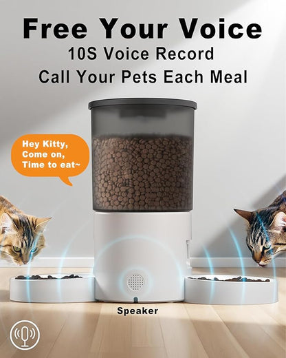 Automatic Cat Feeder for 2 Cats,Auto Dry Food Dispenser with Dual Bowls and Clear 4.2L Hopper,Programmable Portion Control,Up to 6 Meals per Day,10-Second Voice Recording,Dual Power Backup-White