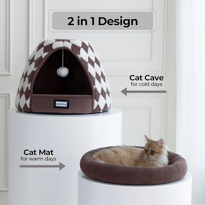 BALANCE Cat Beds for Indoor Cats, 2-in-1 Cat Bed Cave with Anti-Slip Bottom and Ultra-Soft Plush, Cozy Cats House Tent for Kittens and Small Dogs, 19 Inches, Dark Brown