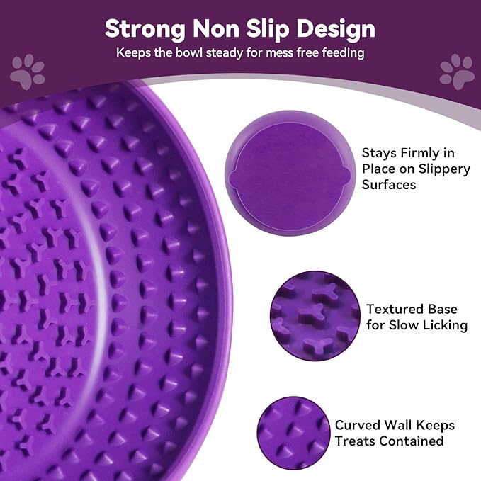 Dog Lick Bowl, BPA-Free Silicone Slow Feeder Lick Mat for Small and Medium Dogs, Non-Slip & Dishwasher Safe (Purple，L)