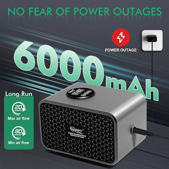 hygger Aquarium Air Pump, USB Rechargeable Battery Powered Fish Tank Air Pump 6W/10W with LCD Display Dual Outlets, Adjustable Aerator for Fish Oxygen Pump for 5-200 Gallon Tank
