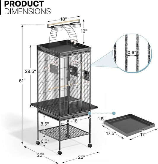 MoNiBloom 61 Inch Large Bird Cage with Rolling Stand, Wrought Steel Flight Birdcage w/Play Top for Parakeets Cockatiels Lovebird Budgie, Black