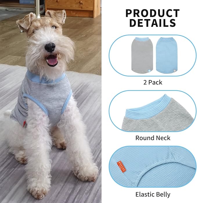 KYEESE 2Pack Waffle Dog Shirts for Large Dogs Stretchy T-Shirts Lightweight Tank Top Sleeveless Striped Shirt Vest Soft Breathable Pet Apparel, XXX-Large, Blue+Grey