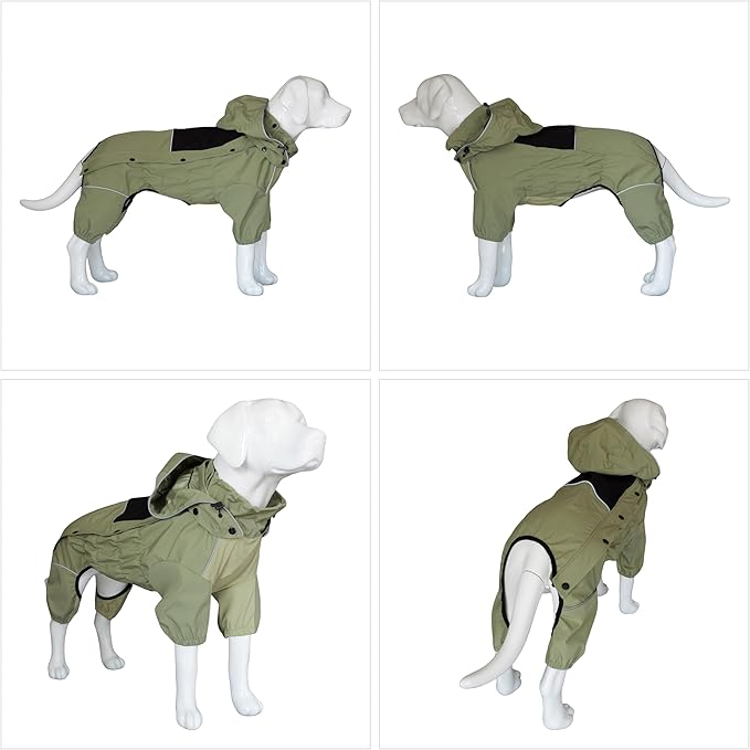 LOVELONGLONG Waterproof Dog Raincoat with Removable Hood – Outdoor Full Body Dog Jacket, Windproof Snowproof Shell Suit – All Season Pet Rain Gear Sage Green XL
