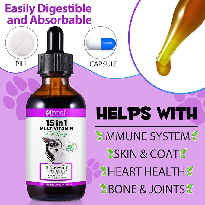 Dog Multivitamin, 15 in 1 Dog Multivitamin Liquid Drops Supplements for Skin & Coat, Heart Health, Bones and Joint, Dogs Vitamins with Glucosamine and MSM, Immune System Support -60ml