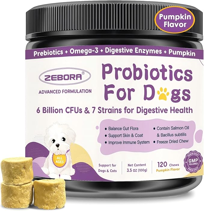 ZEBORA Probiotics for Dogs, Dog Probiotics for Digestive Health, with Pumpkin, Digestive Enzymes, Omega-3, Support Gut, Immune Health, Upset Stomach Relief, Occasional Diarrhea, 120 Freeze Dried Chews