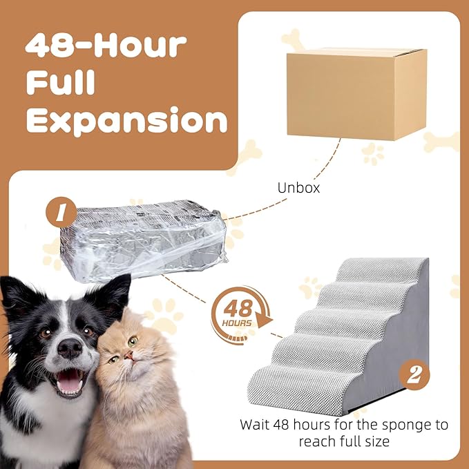 Dog Stairs for Small Dogs and Cats, 23" H 5 Steps Pet Steps Ramp for High Bed, Couch, Sofa, Waterproof Pet Stairs with Removable Washable Cover, Non-Slip Bottom, Light Gray