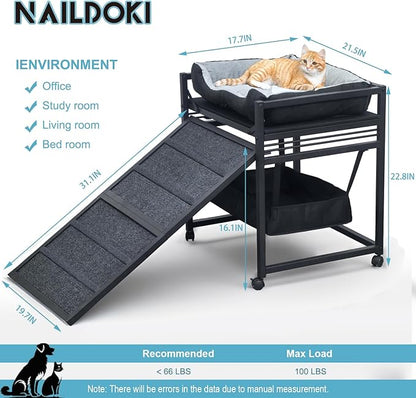 Movable Structure Pet Stairs Ramp with Cats/Dogs Chair with Ramp High Beds, Folding Pet Steps for Medium and Small Dogs, Cat Ladder, with Storage Cabinet