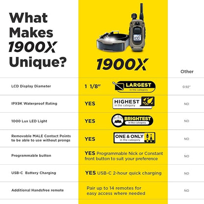 Dogtra 1900X E-Collar with Remote [New Edition] 35 lbs+, 3/4 Mile Range, LED Light, 100 Levels of Precise Control for Stubborn Dogs, Waterproof, Boost for Quick Recall, Vibration, Safety Lock & Tone