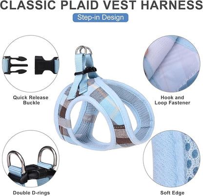 EXPAWLORER Classic Plaid Puppy Harness - Small Dog Collar and Leash with AirTag Holder Case - Soft Mesh Padded Adjustable Dog Vest Harness No Pull, Reflective Escape Proof for Outdoor, Blue S