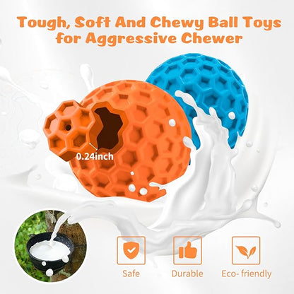 HIPPIH Indestructible Squeaky Dog Toys, Interactive Dog Balls 2 Pack, Chew Toys for Aggressive Chewers, Natural Rubber Puppy Toy for Large/Medium Dogs, Tough Puppy Teething Toy, Relieve Anxiety