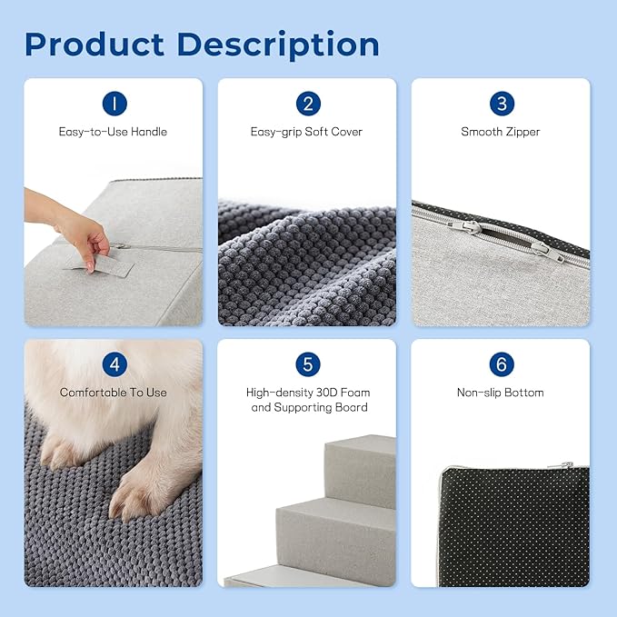 Dog Stairs for Small Dogs - Pet Stairs 2 in 1 with Zippers Suitable for Couch and Bed, 35D Foam Dog Steps with Non Slip Bottom Grey 4 Steps, Grey