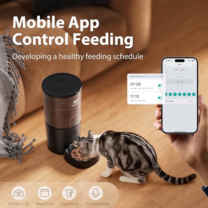 IMIPAW 5L Automatic Cat Feeder with Camera - AI Pet Recognition & Recording, Night Vision, 5G WiFi APP Remote Control, Two-Way Audio & Desiccant Bag, Timed Programmable Food Dispenser for Small Pets