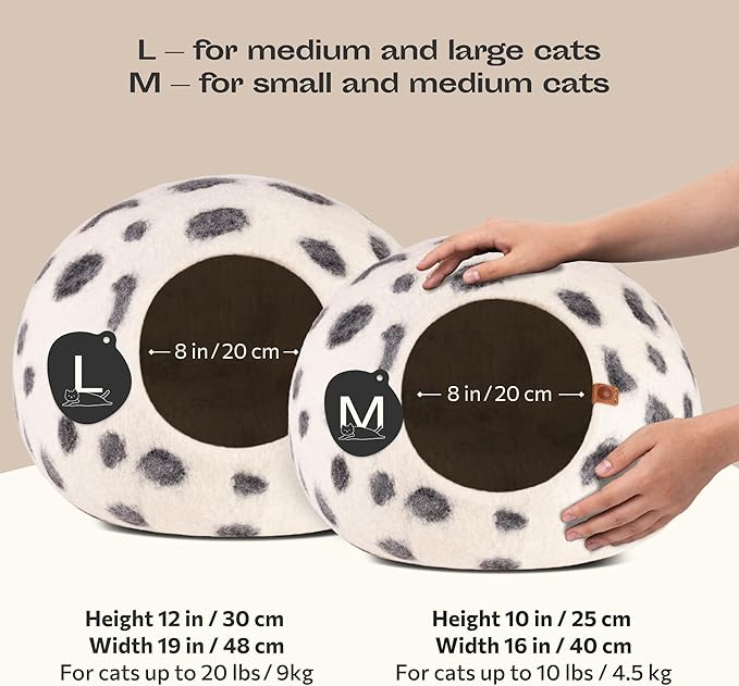 MEOWFIA Cat Cave – Premium Felt Cat Bed for Indoor Cats, Handmade 100% Merino Wool, Cat (Large, Snow Leopard)