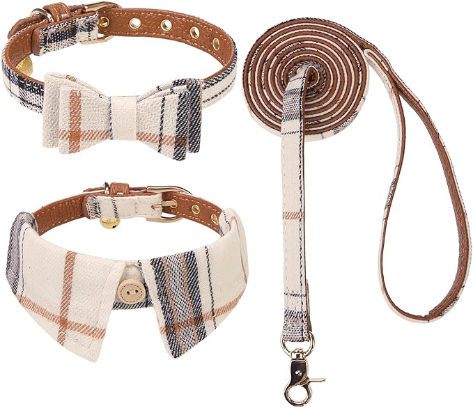 KOOLTAIL Small Dog Collar and Leash Set with Bowtie and Bells - Puppy Collar and Leash for Female/Male with Classic Plaid Matching Pattern, Soft Leather Leashes for Small Dogs Boys Girls, Shirt Plaid