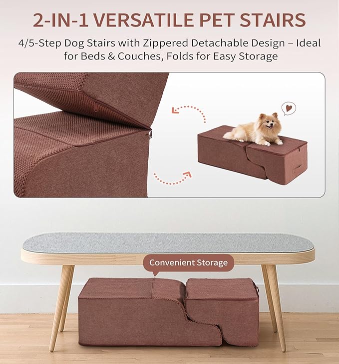 Made4Pets Dog Stairs Ramp for Bed 19.7" H, 4-Step Dog Steps for High Bed Couch Sofa Climbing, 35D Foam Pet Steps for Small Dogs and Cats, Non-Slip Bottom Pet Stairs, Brown