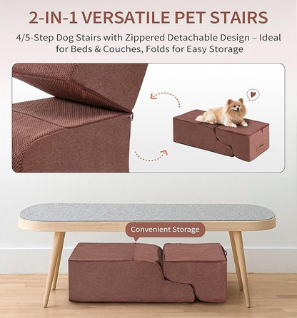 Made4Pets Dog Stairs Ramp for High Bed 22.8" H, 5-Step Pet Stairs for Bed Couch Sofa Climbing, 35D Foam Pet Steps for Small Dogs and Cats, Non-Slip Bottom Dog Steps, Brown