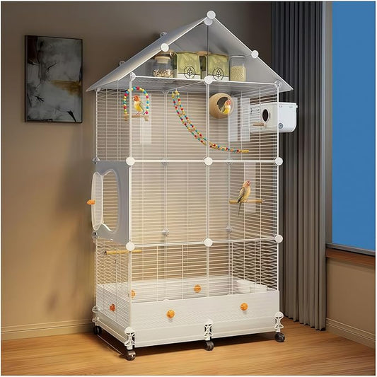 60in Large Flight Bird cage, Equipped with Bird's Nest， Ladder, Swing, Feeder, etc. with Wheels for Easy Outdoor Movement, Suitable for Parrots, Pigeons (White, 28.4" L x14.2W x 60" H)