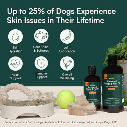 Wuffes Advanced Omega 3 Fish Oil for Dogs, Natural EPA & DHA Fatty Acids, Supports Healthy Skin and Coat, Joint Nutrition, Digestion & Immune System - 100% Pure Wild Alaskan Fish Oil - 8 Oz