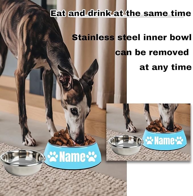 Personalized Stainless Steel Dog & Cat Food/Water Bowls – Custom Pet Name, Non-Slip, Easy Clean Feeding Dishes with Separate Plates(Blue)