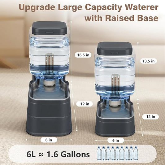 Cat Automatic Feeder Dog Water Dispenser with Stainless Steel Bowl Pet Gravity Waterer Large Capacity Feeding Raised Bowls for Small Medium Large Pets with Filter,Ice Pack 6L