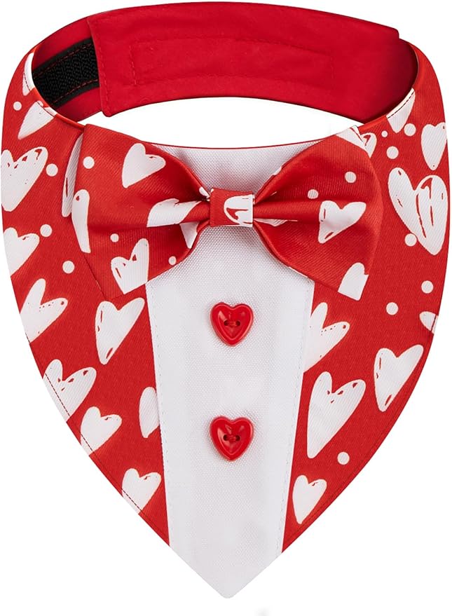 Valentine Dog Tuxedo Bandana with Bow Tie, Adjustable Tuxedo Style Heart Pattern Pet Costume for Dogs, XS to XL