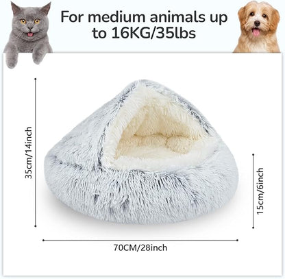 Calming Cat Beds, Fluffy Plush Round Cat Cave Washable, Cozy Warming Anti-Slip Small Dog Bed for Puppy and Kitten, Soft Anti Anxiety Pet Nest (28×28 inch, Grey)