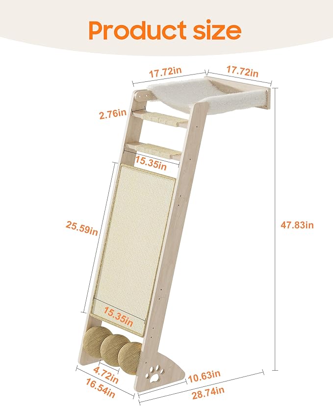 51'' Cat Window Perch with Sisal Pad, Extra-Wide Cat Scratcher with Suction Cups for Glass, Sisal Ball Hammock Ladder for Sleeping, Playing and Watching Bird