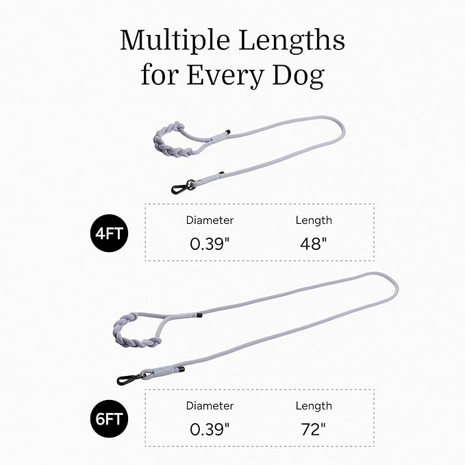 2025 New Edition, Fei & Eve Hand-Braided Dog Leash, 6FT | SP Cotton Material | Heavy Duty Training | Comfort Grip Handle for Small/Medium/Large Dogs, Gray