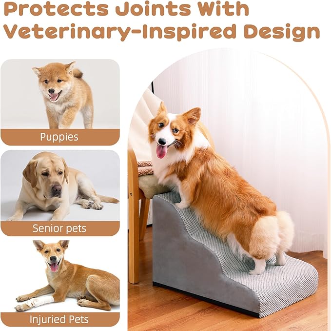 Dog Stairs for Small Dogs and Cats, 16" H 3 Steps Pet Steps Ramp for High Bed, Couch, Sofa, Waterproof Pet Stairs with Removable Washable Cover, Non-Slip Bottom, Light Gray