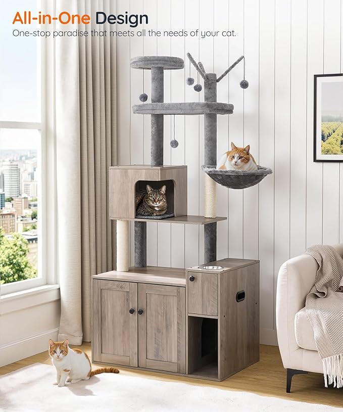 HOOBRO Cat Tree with Litter Box Enclosure, 68.9" H Cat Tower with Food Bowl and Storage, Hidden Litter Enclosure Furniture, All-in-One Modern Cat Condo, with House, Hammock and Perch, Greige BG80MZ03