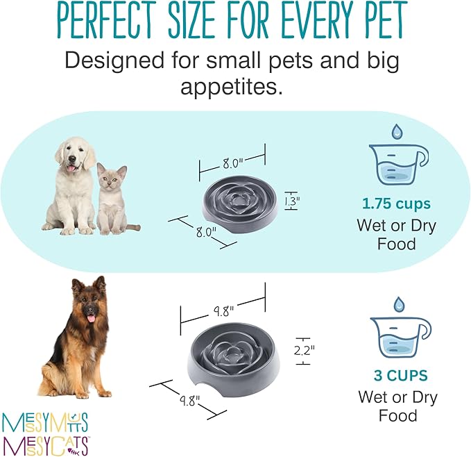 Messy Mutts Interactive Slow Feeder | Puzzle Slow Feeder Dog or Cat Bowl | Enrichment Food Dish to Slow Eating, Prevent Bloating | 8” x 1.3” | 1.75 Cup | Cool Grey