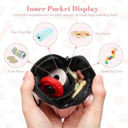 Dog Treat Pouch with Training Clicker,Waterproof Nylon Fabric Poop Bag Holders for Leashes,Hands Free Small Dog Walking Bag with Carabiner, Pet Puppy Training Walking Essentials (Pink)