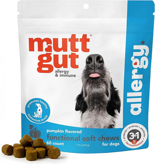 MuttGut® Dog Allergy and Immune Chews - Itch Relief for Dogs with Skin & Coat Support - Allergy Relief for Dogs Itching & Licking - Pet Allergy Chews for Seasonal Allergies - 60 Soft Chews