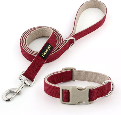 Plutus Pet Cotton Hemp Dog Collar and Leash Set, Adjustable Collar for Small, Medium, and Large Dogs, Heavy Duty and Soft on Skin, Red, L