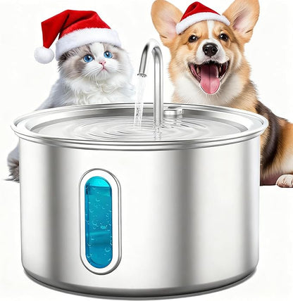 Stainless Steel Cat Water Fountain, 3.2L/108oz Quiet Automatic Cat Water Dispenser, Indoor Pet Spout, Dog Drinking Bowl with 1x Filter & 1x Sponge for Cats/Dogs/Multiple Pets - Silver