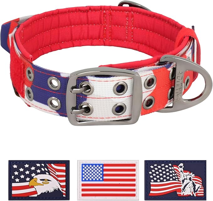 ADITYNA Heavy Duty Dog Collar for Large Dogs - Camo Red Blue Collar with Handle for Training, and Walking - Wide, Thick, Tactical, Soft Neoprene Padded