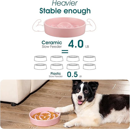 vancasso Slow Feeder Dog Bowl, 3 Cups Ceramic Slow Feeder for Large Breed, Puzzle Maze Dog Food Bowl for Fast Eater, Pink