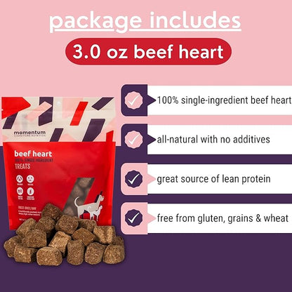 Momentum Carnivore Nutrition Freeze-Dried Beef Heart Dog Treats & Cat Treats – Single-Ingredient, High-Protein, Grain-Free – Made in USA – 3 oz Bag