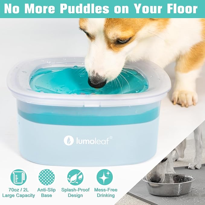 LumoLeaf No Spill Water Bowl for Dogs, Slow Feeder for Messy Drinkers, Drip-Free & Splash-Proof Design (Blue, 35oz)