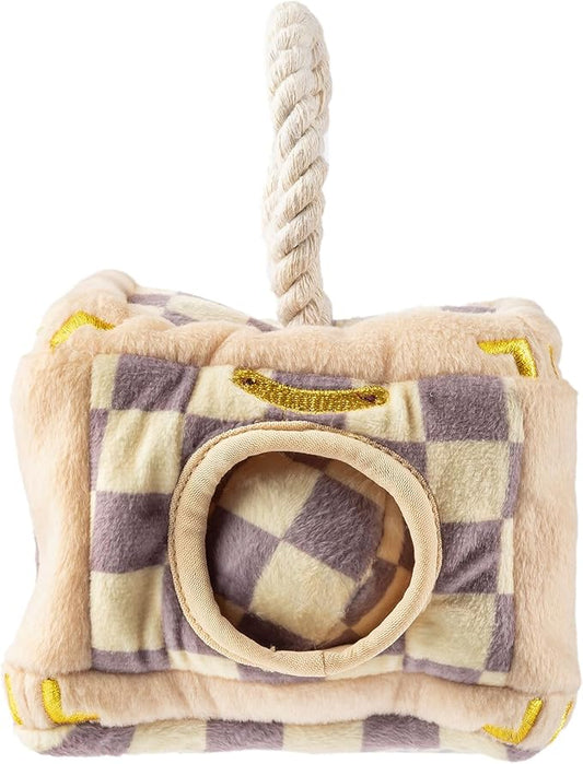 Haute Diggity Dog Checker Chewy Vuiton Trunk Activity House, Plush Designer Dog Toys with Interactive Squeaker, Stimulating Pet Enrichment, Machine-Washable & Safe Materials for All Breeds, One Size