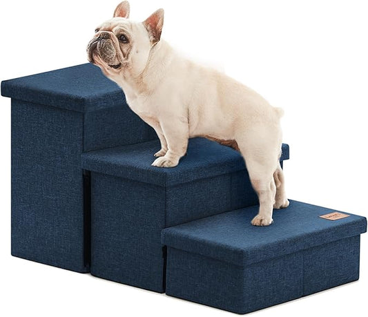 Love's cabin Dog Stairs with Storage,3 Steps Wider Dog Steps for High Bed 18" H,Foldable Pet Stairs for Small Medium Large Dogs Cats for Bed Couch Car, Ramp with Zip up to 200 lbs,Navy Blue, No Condo
