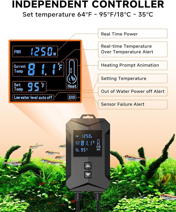 AQQA Aquarium Heater 800W/1000W/1200W/1400W Fish Tank Heater with LED Digital Display 110-120V Submersible No Pond Heaters with Overheat & Dry-Out Protection for Freshwater & Saltwater Tanks (1200W)