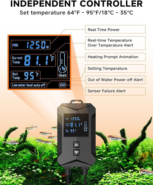 AQQA Aquarium Heater,64-95°F Fast Heating Double Quartz Glass Tube Fish Tank Heater,High-definition LCD Controller Displays Real-time Power,Anti-dry and Over-temperature Protection (1400W 260-380 Gal)