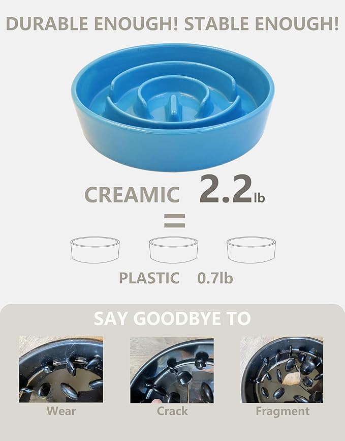 Ceramic Slow Feeder Dog Bowls Elevated, 2.0 Cups Slow Feeder for Medium and Large Dogs, Puzzle Maze Bowl to Slow Down Eating, 30oz, 8in, Blue