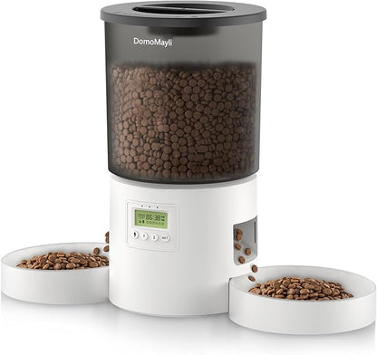 Automatic Cat Feeder for 2 Cats,Auto Dry Food Dispenser with Dual Bowls and Clear 4.2L Hopper,Programmable Portion Control,Up to 6 Meals per Day,10-Second Voice Recording,Dual Power Backup-White