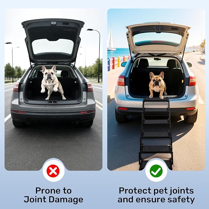 Extra Wide Dog Steps for Car, Truck and SUV - Foldable Pet Stairs for Large Dogs with Non-Slip Rug Surface, Lightweight Dog Ramp Holds Up to 250lbs, 6 Steps